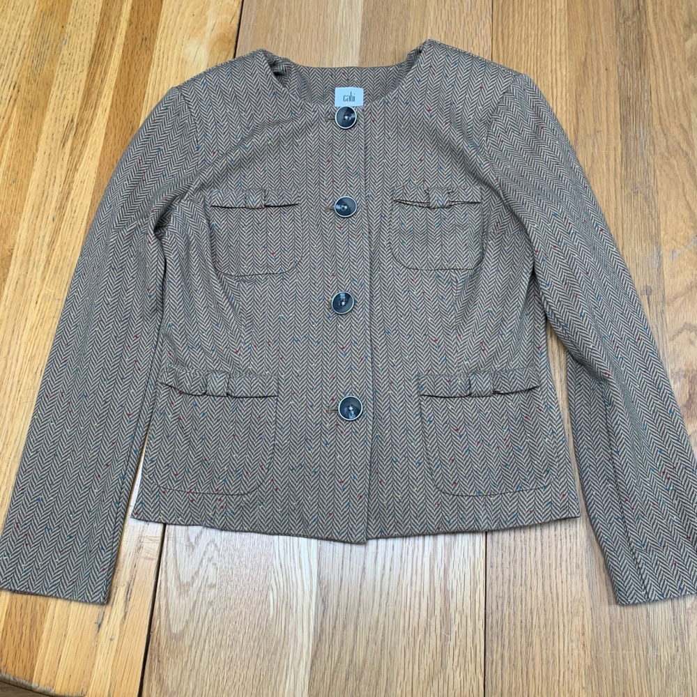 Cabi Brown Herringbone Confetti Blazer Jacket Womens Small Collarless Button